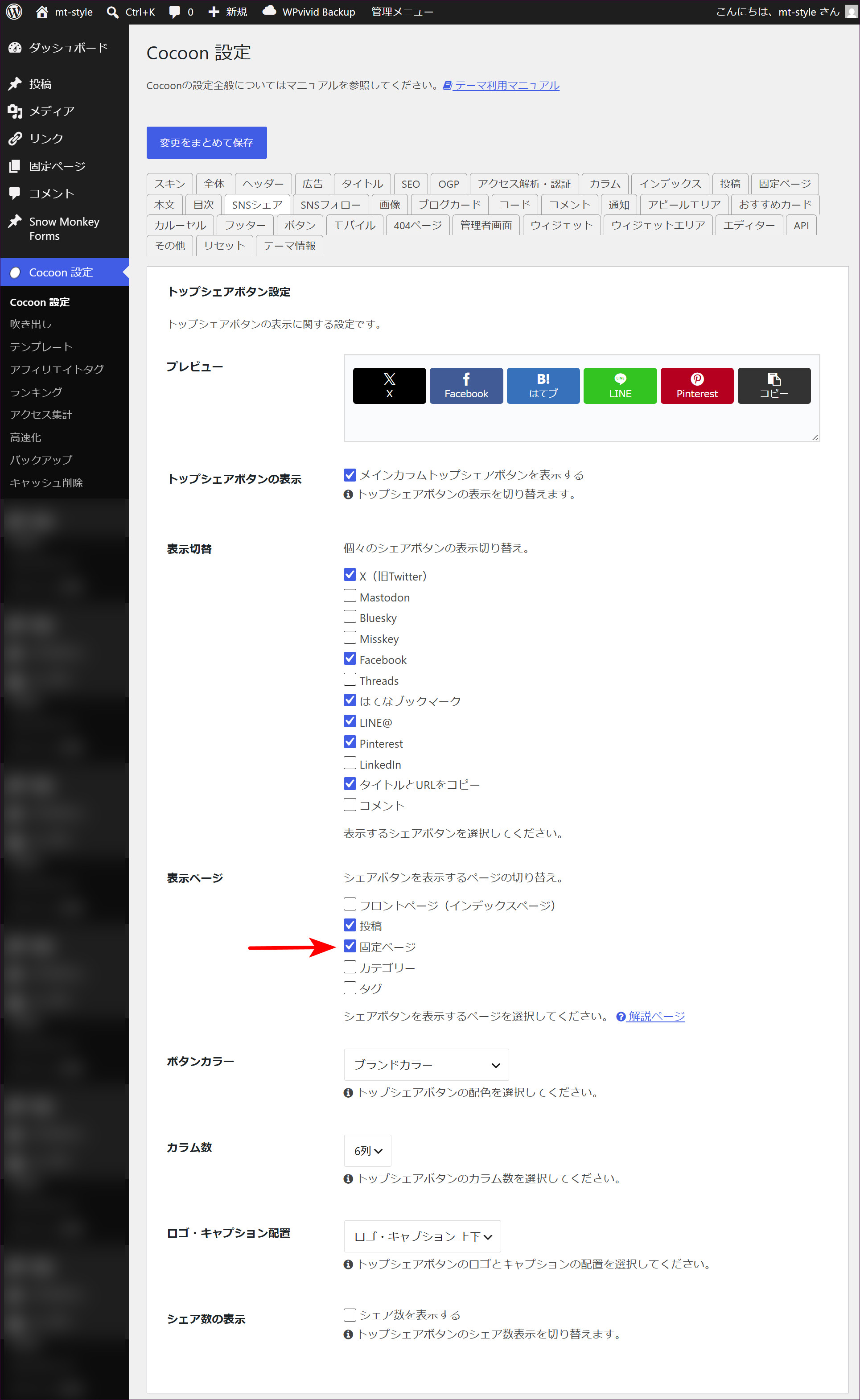 「表示ページ」で「固定ページ」のチェックを外す