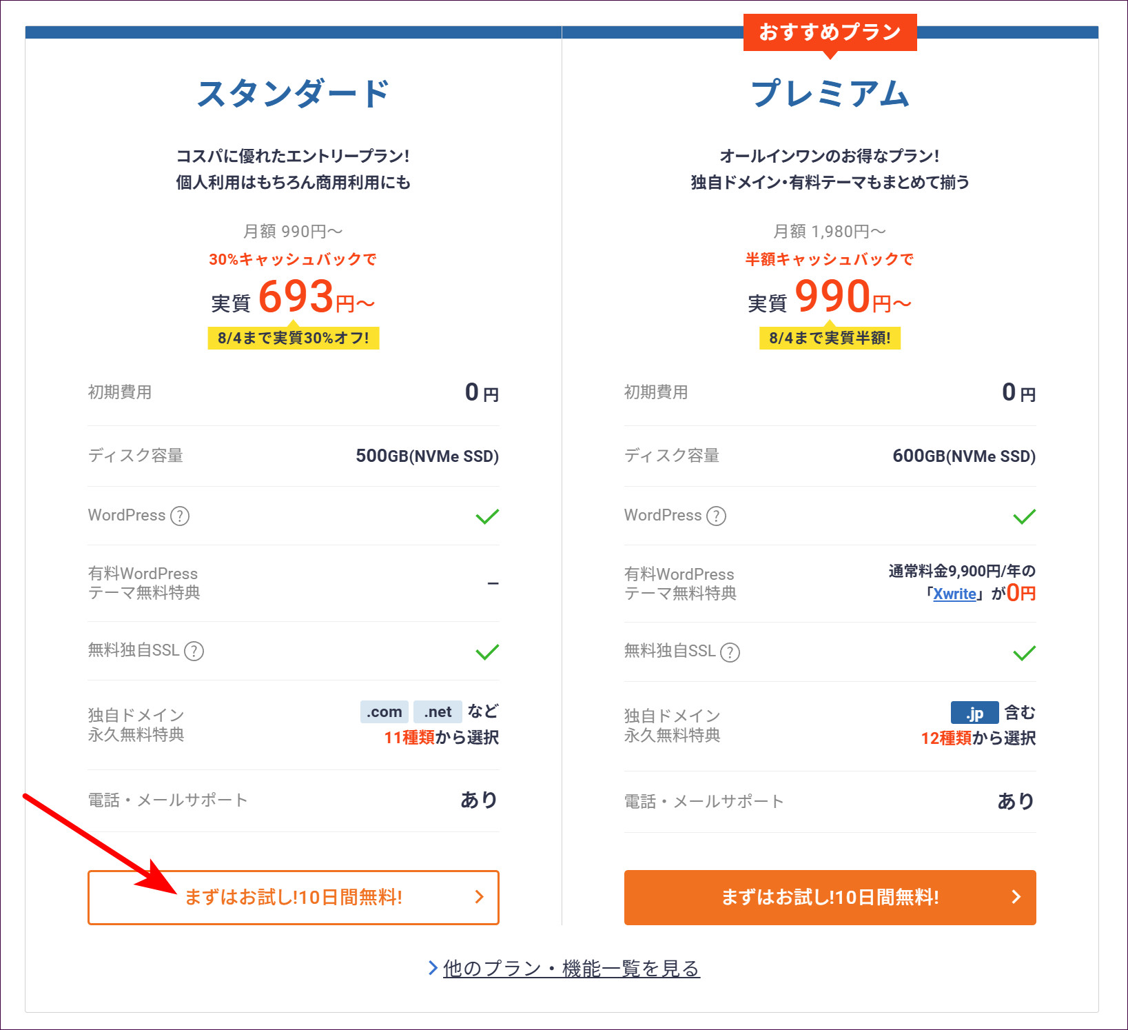 スタンダードのお試しボタンを指す矢印