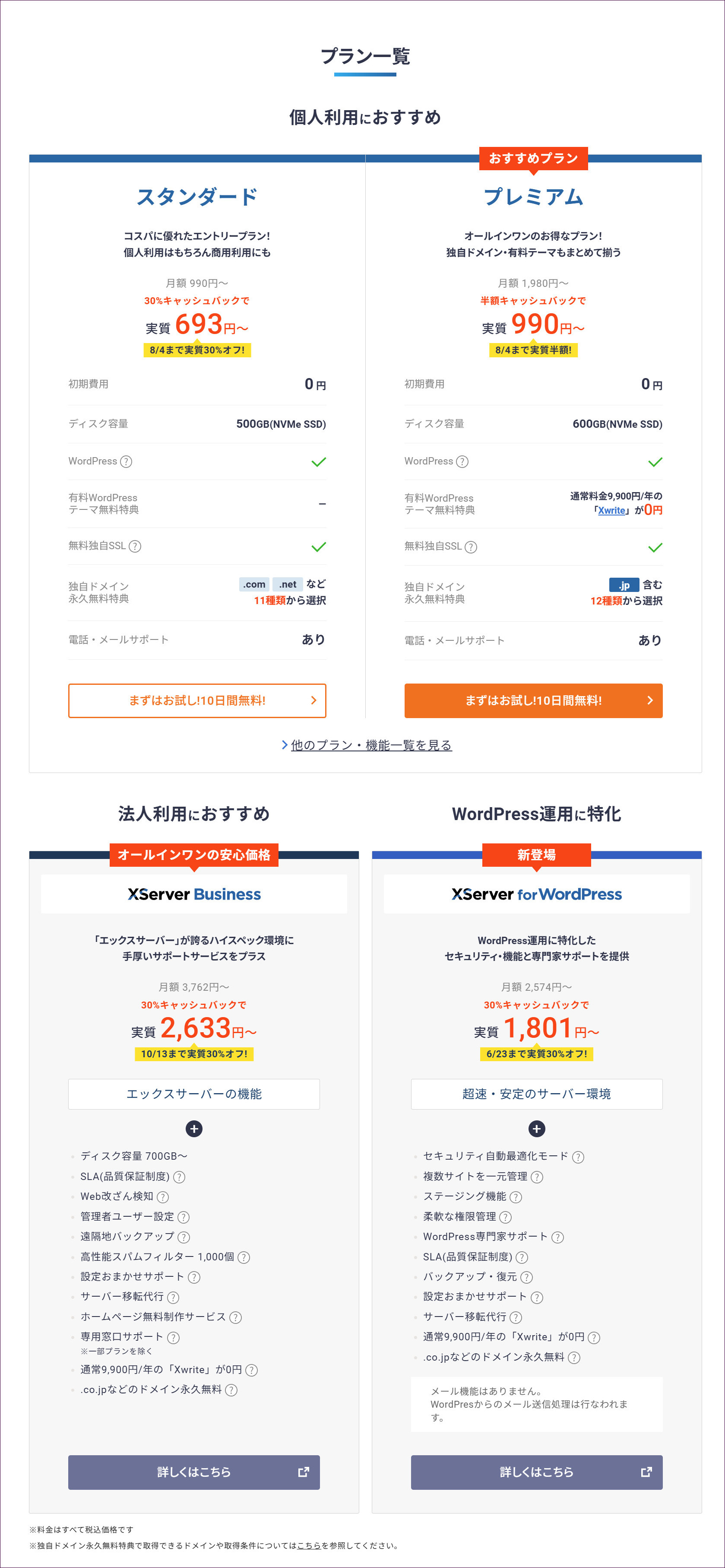 プラン一覧。4プランの比較表